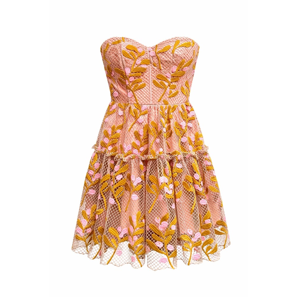 Eva Franco Strapless Embroidered Mini Dress Size 2 Blush Pink Floral Anthro $368